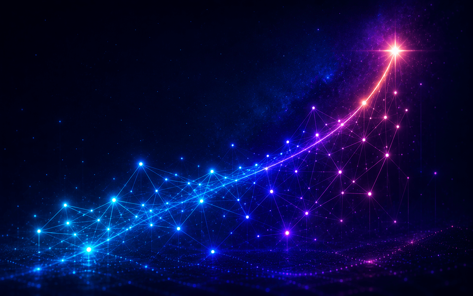 A network of connected nodes rising toward a bright point